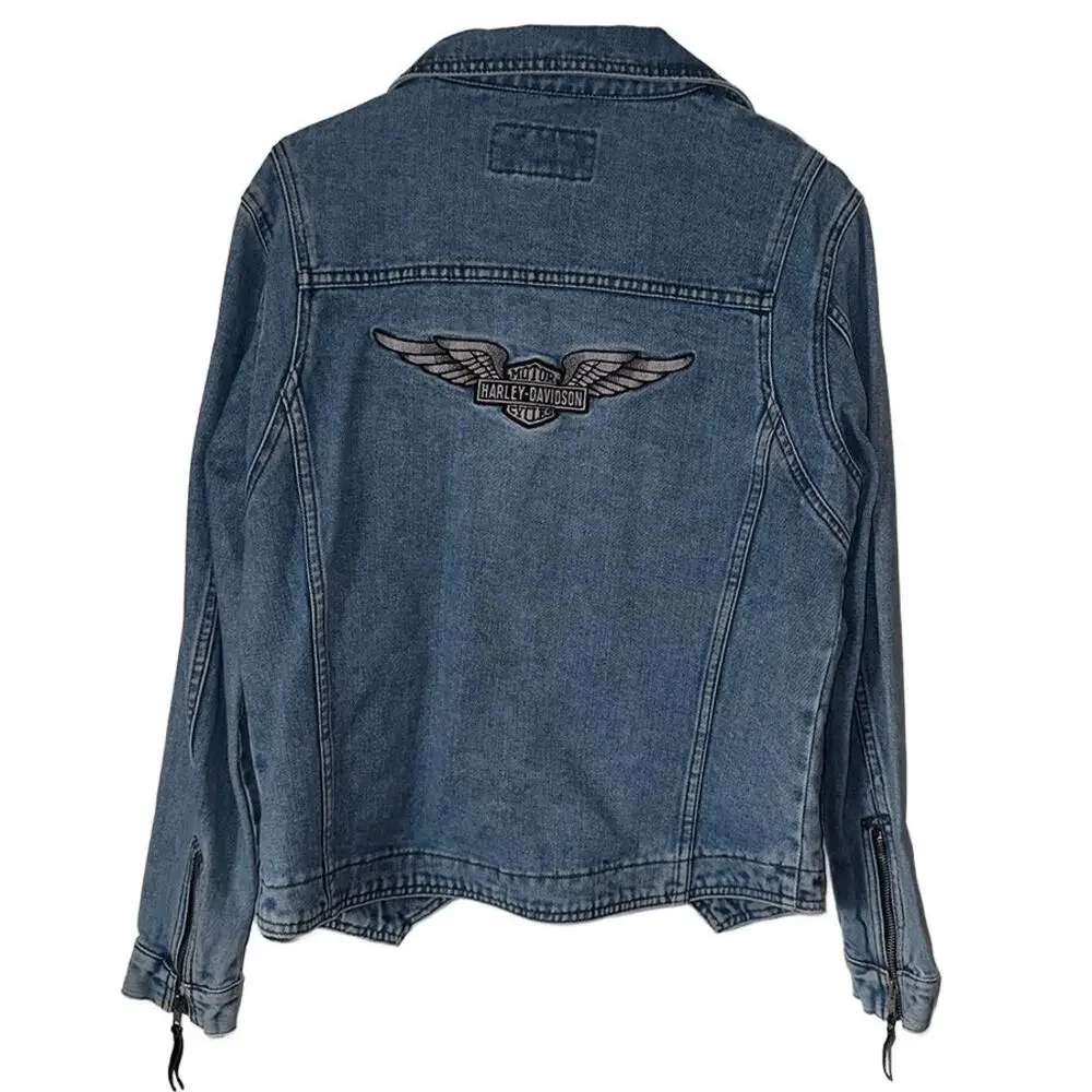 Vintage Harley Davidson Light Wash Back Patch Logo Denim Jean Jacket Women's Med - Picture 2 of 9